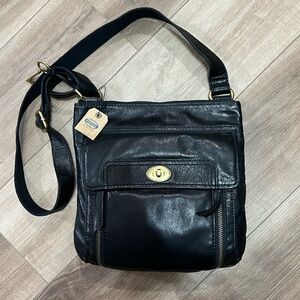 Fossil Black Leather Shoulder Bag with Gold Hardware